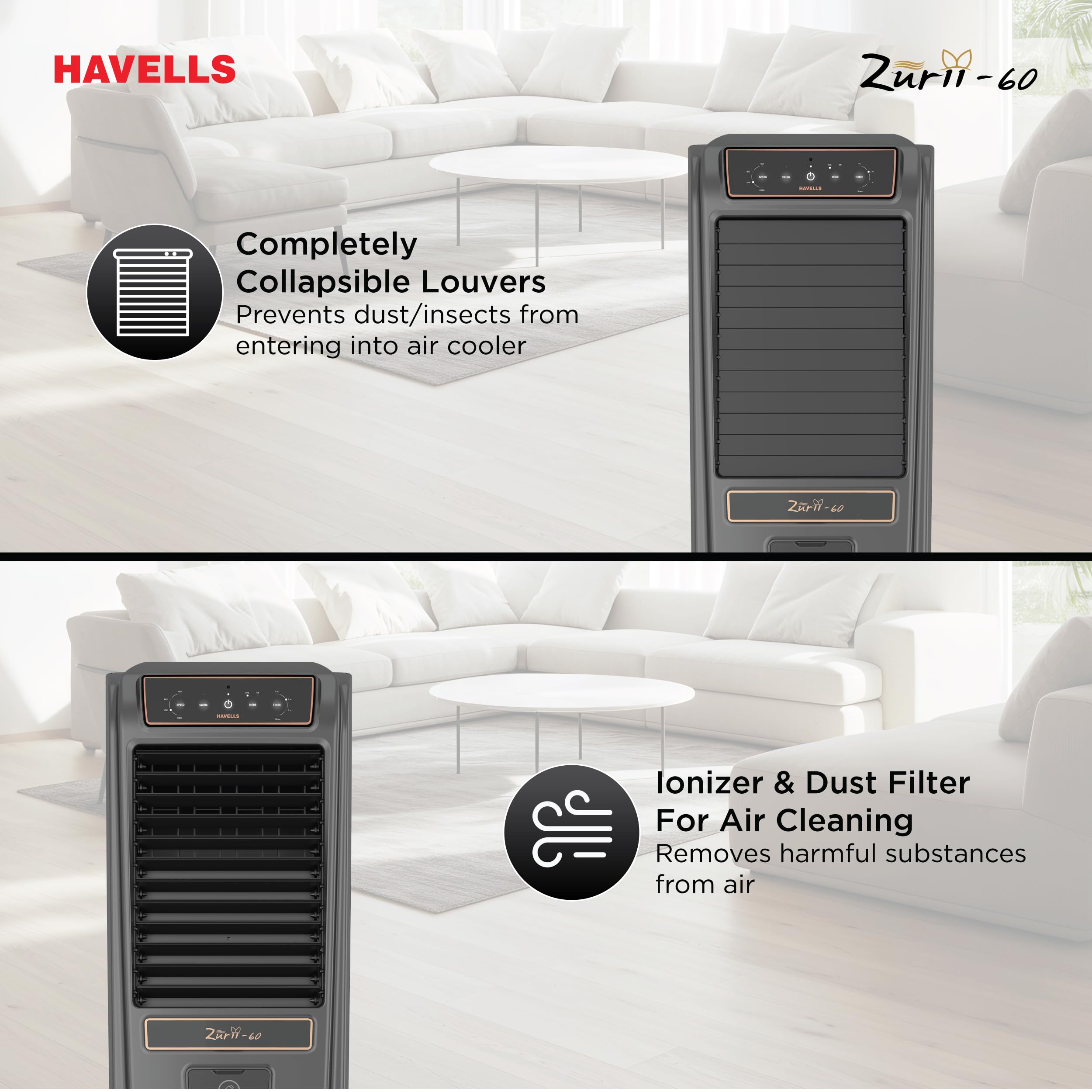 Havells Zurii 60 L Tower Air Cooler for Room|With Remote & Electronic Panel|Fully Collapsible louvers|Low Water Alarm|Dust Filter Net|Timer Function|Bacteria Shield Honeycomb Pads|Dry Run Protection - Image 7